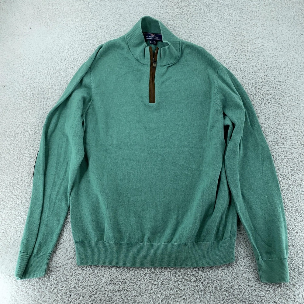 Vineyard Vines Sweater Mens Large 1/4 Zip Alpaca Pima Cotton Suede Elbow Patches